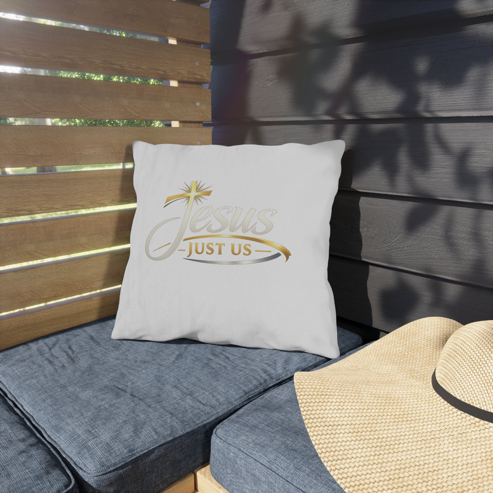 Jesus Just Us Outdoor Pillow — Faith-Inspired Garden Accent