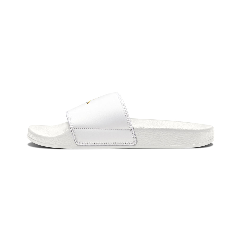 Youth Slide Sandals — White Removable-Strap Slides with Gold Accent