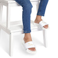 Youth Slide Sandals — White Removable-Strap Slides with Gold Accent