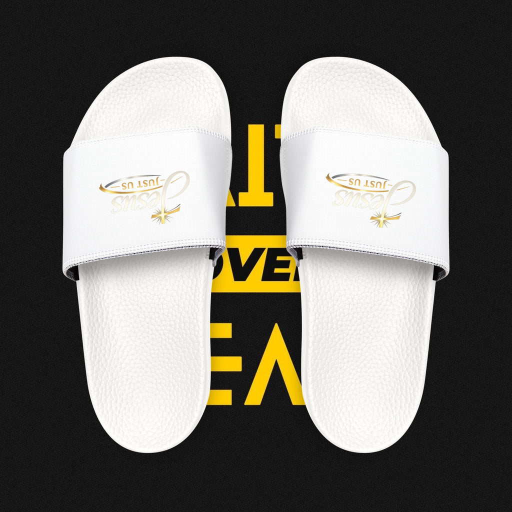 Youth Slide Sandals — White Removable-Strap Slides with Gold Accent