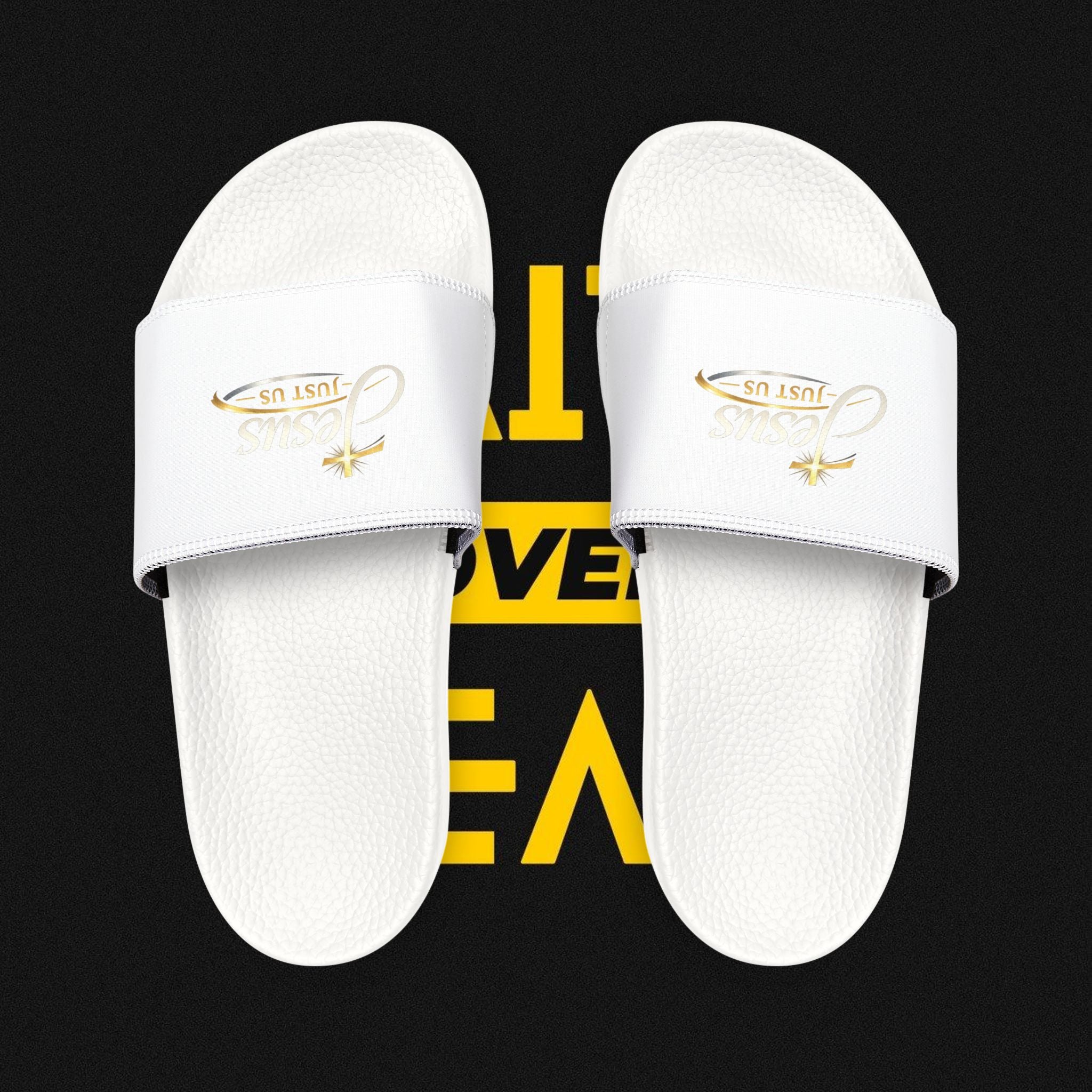 Youth Slide Sandals — White Removable-Strap Slides with Gold Accent