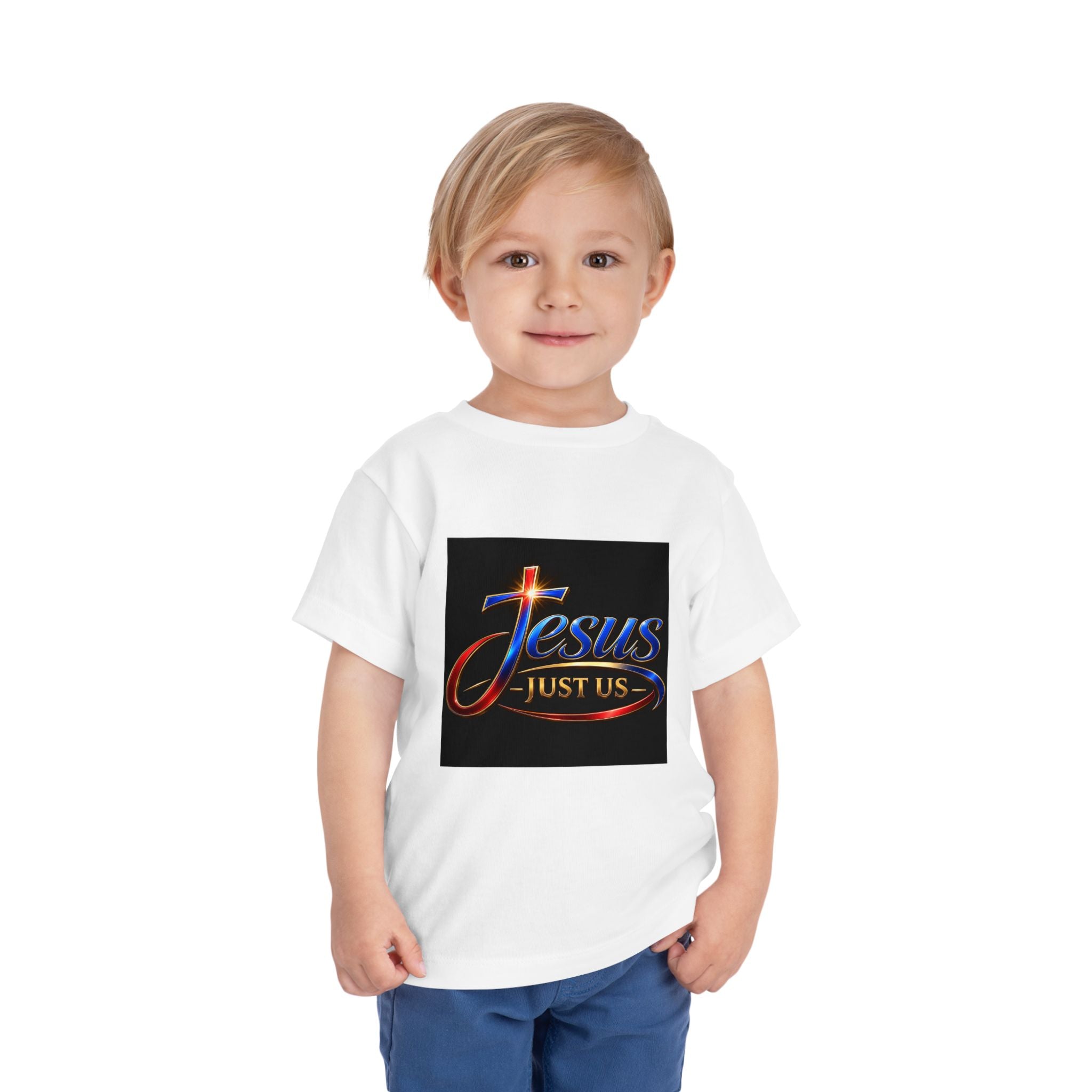 Toddler Tee — "Jesus Just Us" Connected Christian Graphic