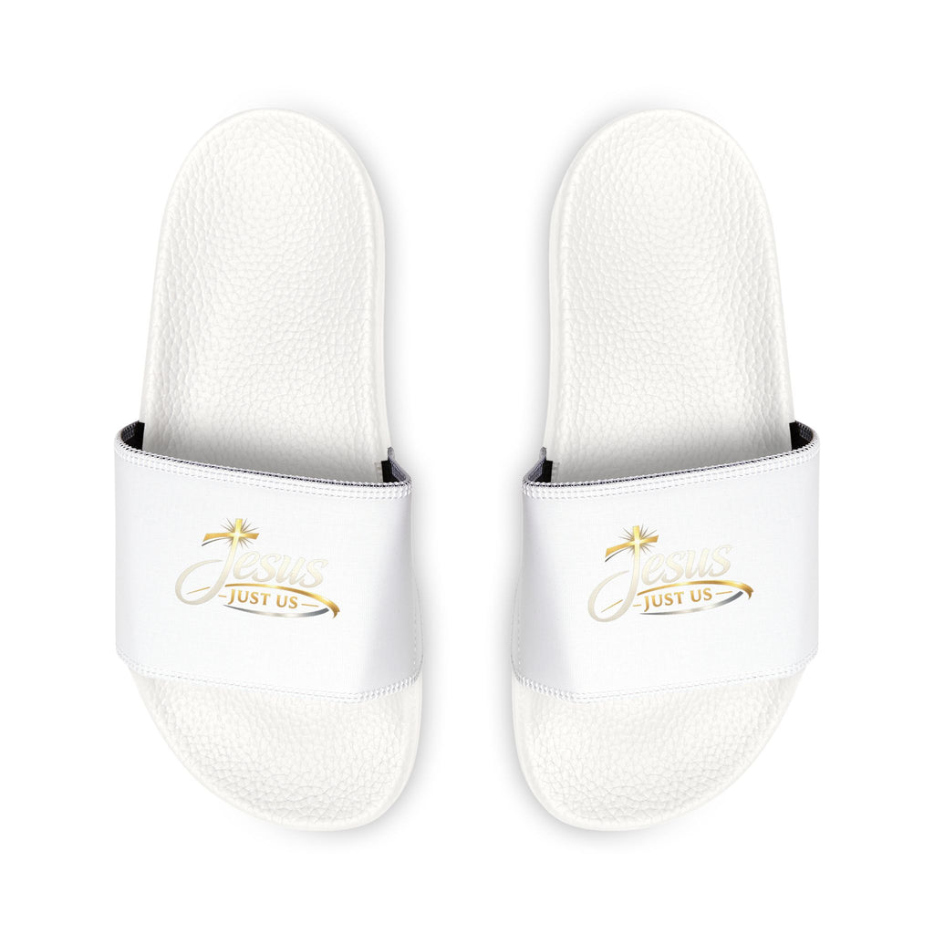 Youth Slide Sandals — White Removable-Strap Slides with Gold Accent