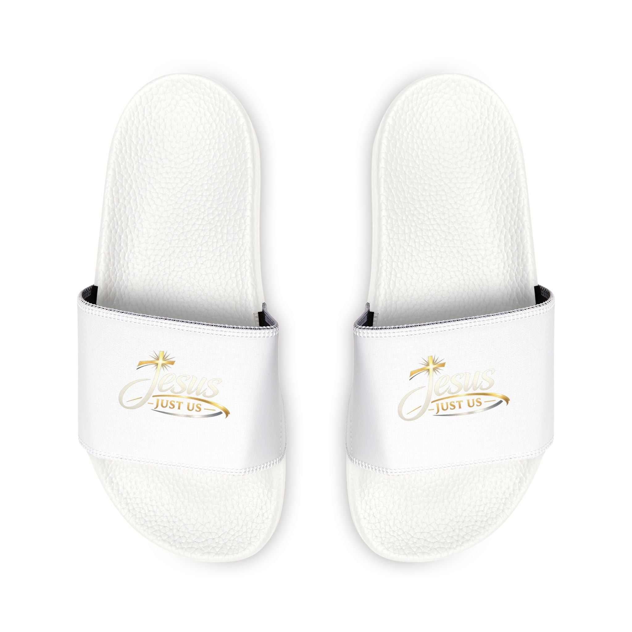 Youth Slide Sandals — White Removable-Strap Slides with Gold Accent
